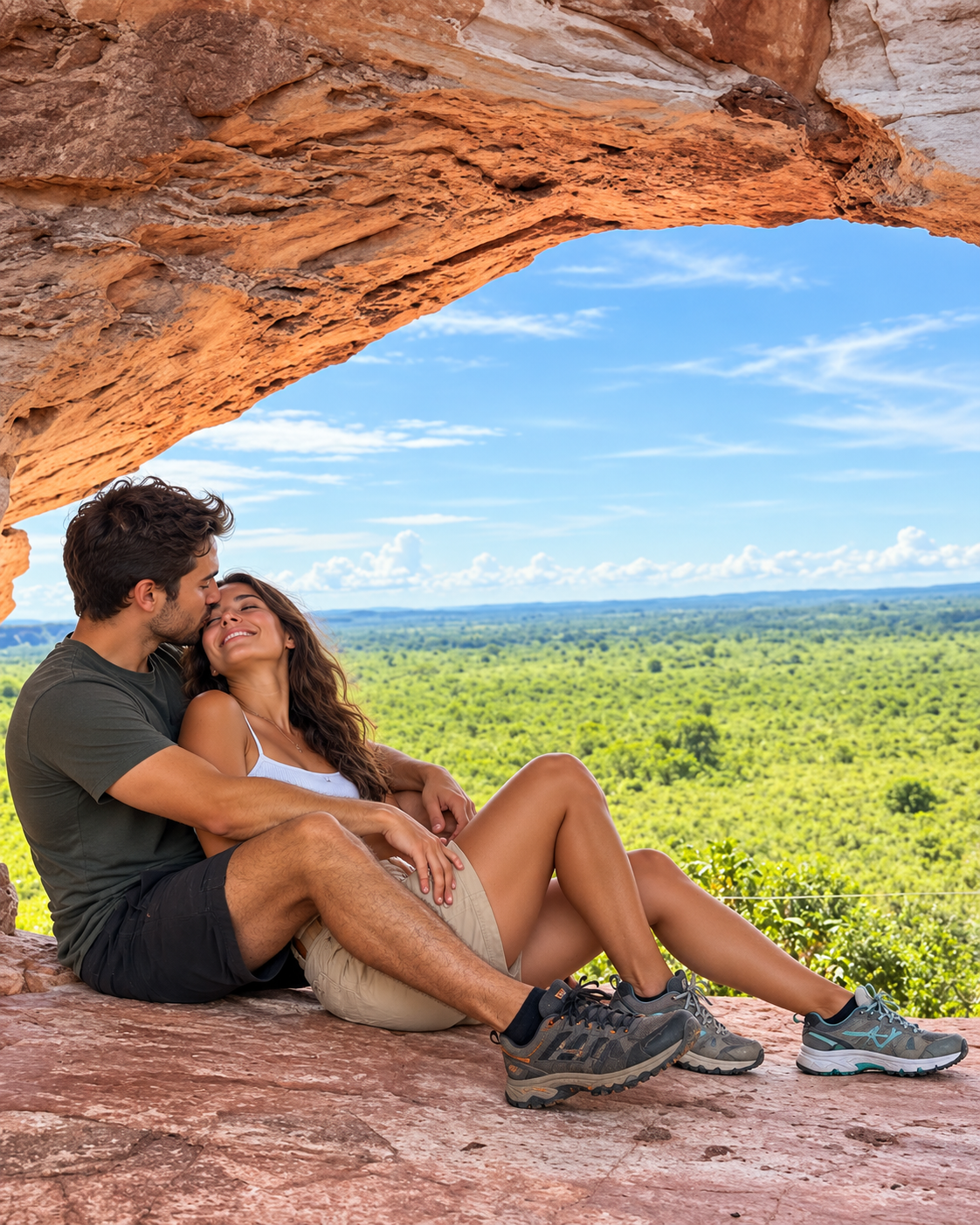 Imagem ilustrativa de casal abraçado sob um arco de pedra, com vista para o cerrado